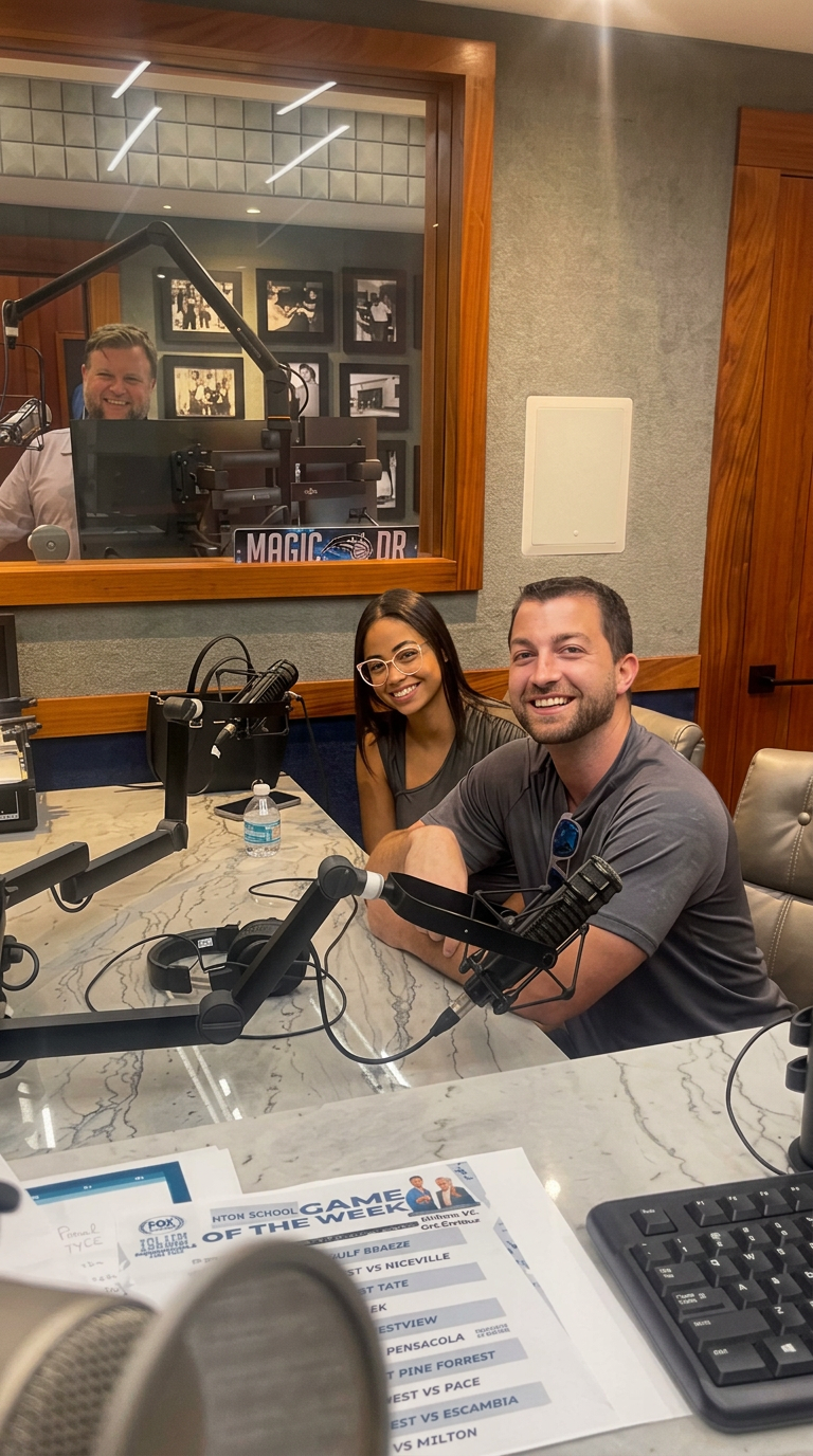 Josh and Bia at a radio studio, smiling behind the counter
