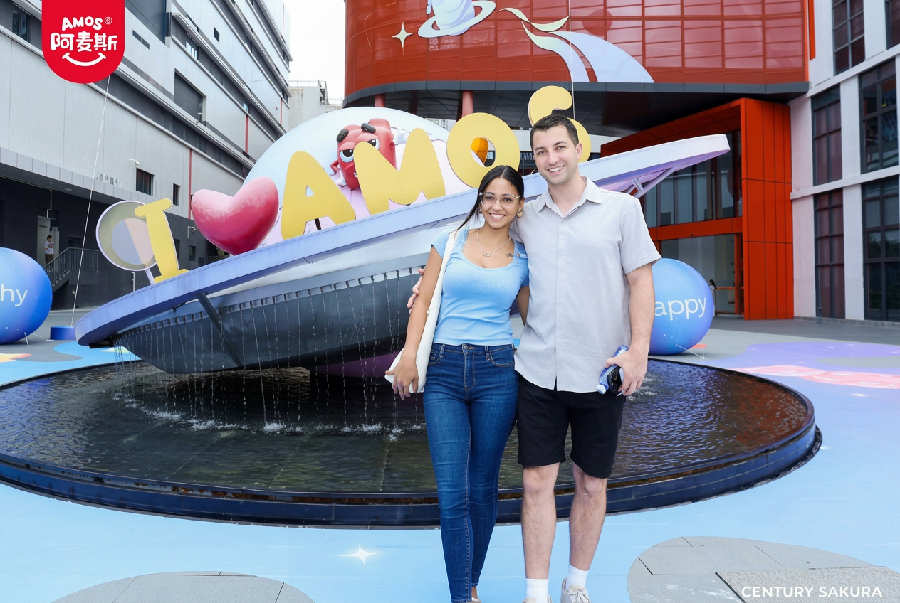 Josh and Bia at the Amos headquarters fountain in Shenzhen, China