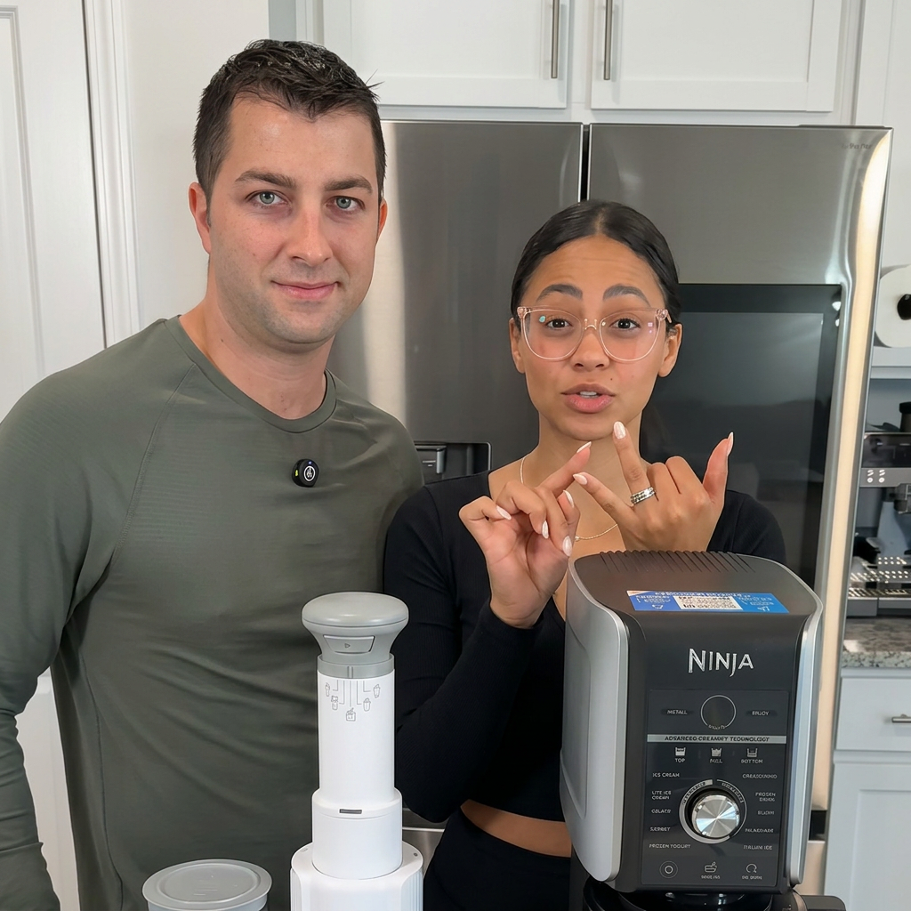Josh and Bia in the kitchen presenting products during a content shoot
